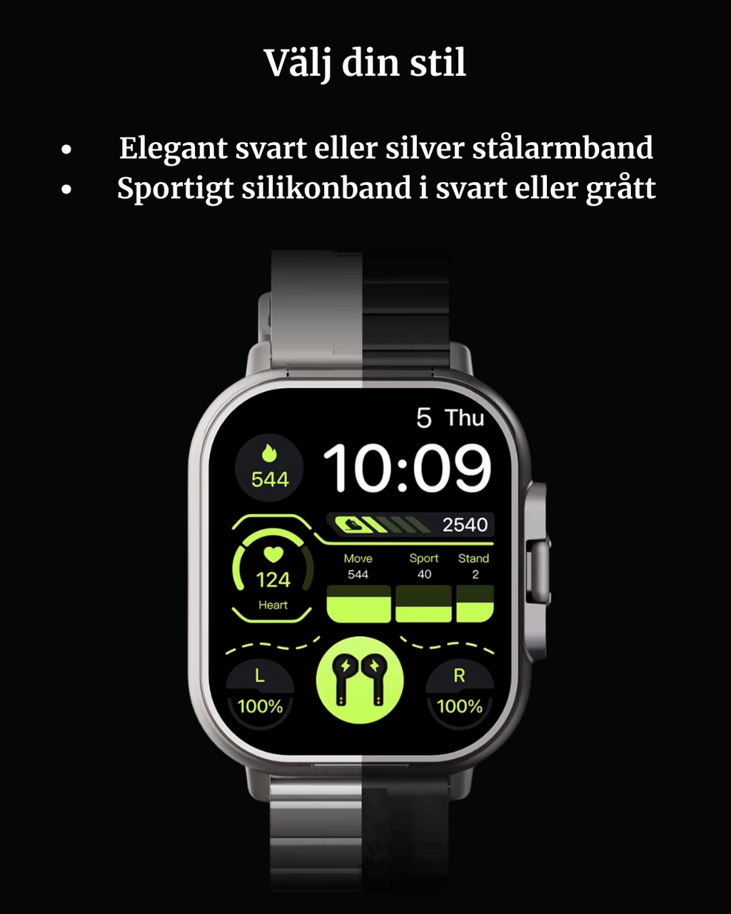 Smartklocka med inbyggda TWS-hörlurar – 2 i 1