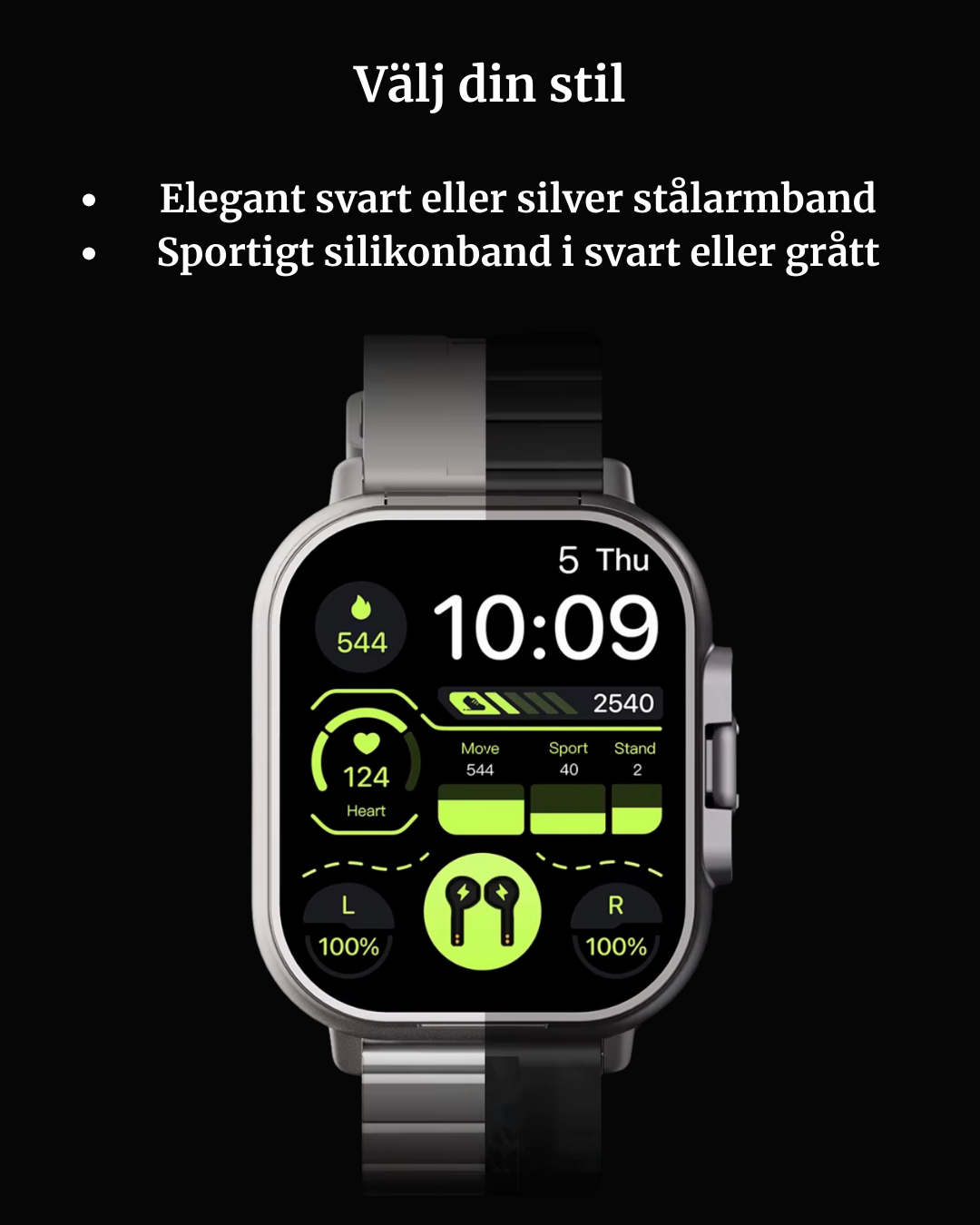 Smartklocka med inbyggda TWS-hörlurar – 2 i 1