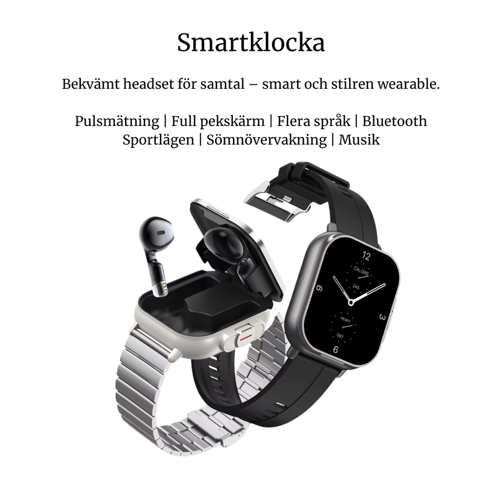 Smartklocka med inbyggda TWS-hörlurar – 2 i 1