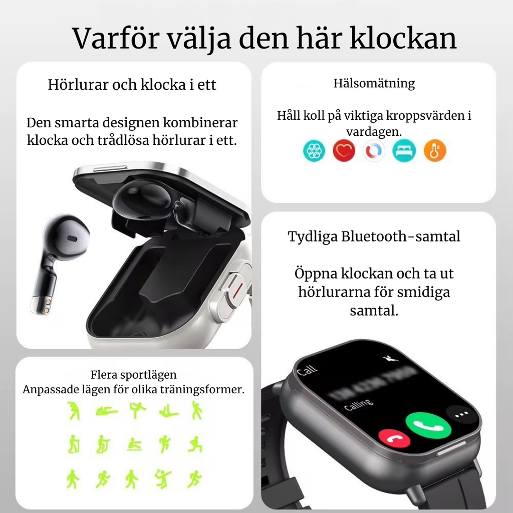 Smartklocka med inbyggda TWS-hörlurar – 2 i 1
