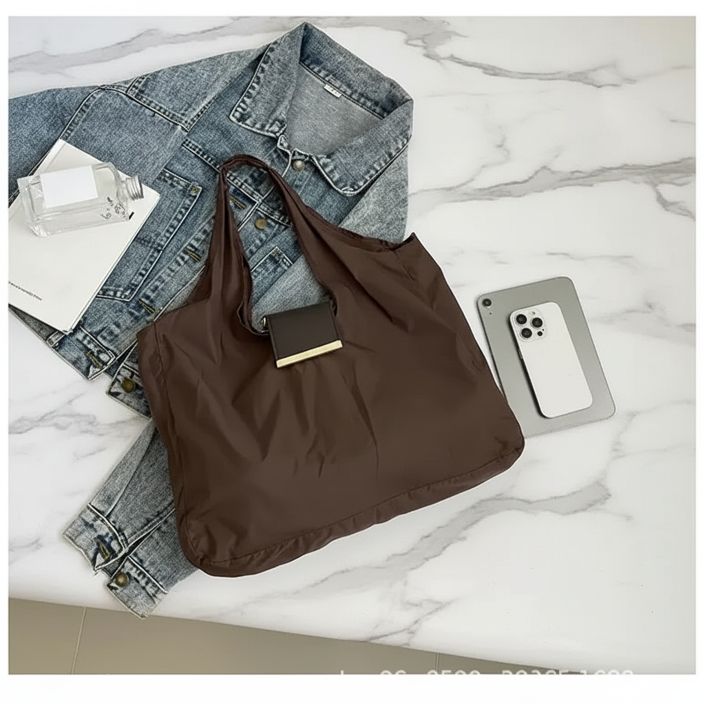 Brun väska elegant flatlay