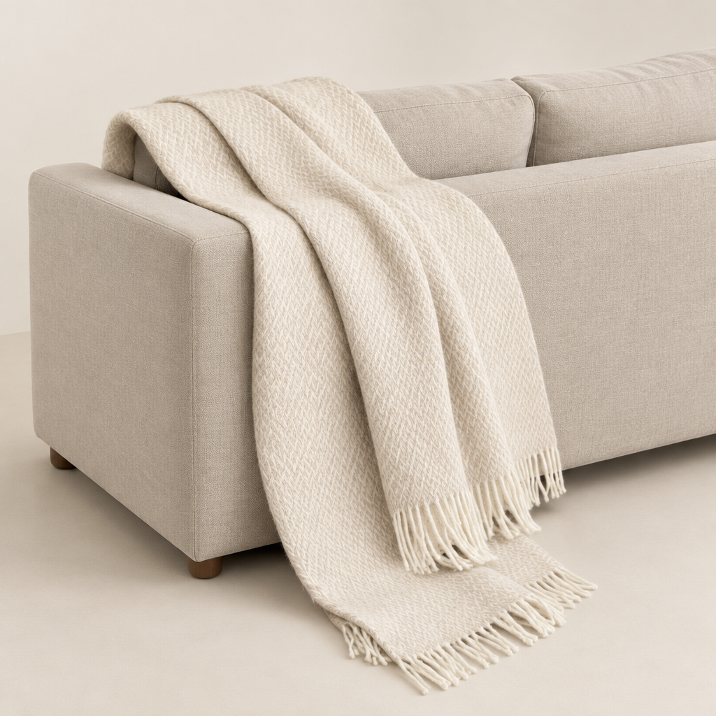 Fanny Cream draperad över soffa
