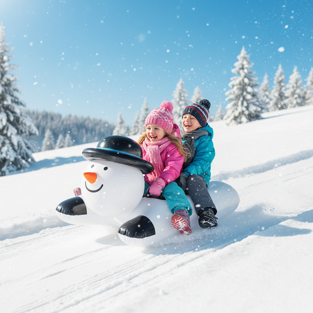 Flicka och pojke som åker på snögubbe