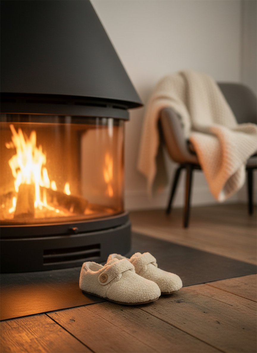 Par ljusa tofflor vid kaminen