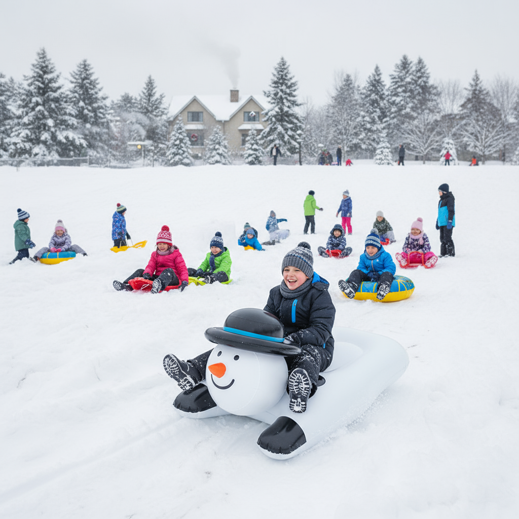 Pojke åker på snögubbe i pulkabacke