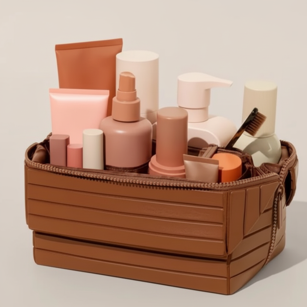 Öppen brun necessär med skönhetsprodukter