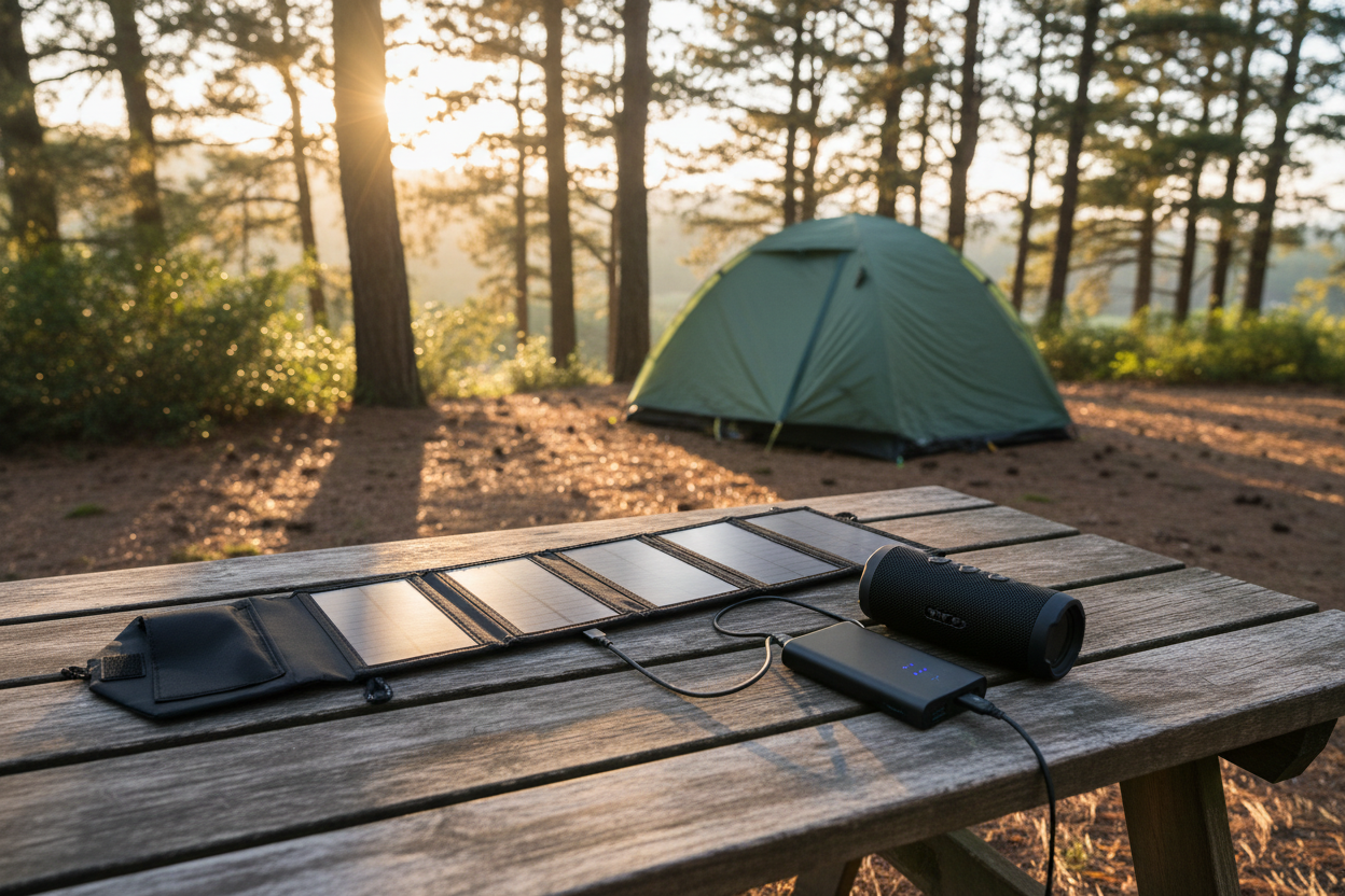 Solcellsladdare vid campingbord
