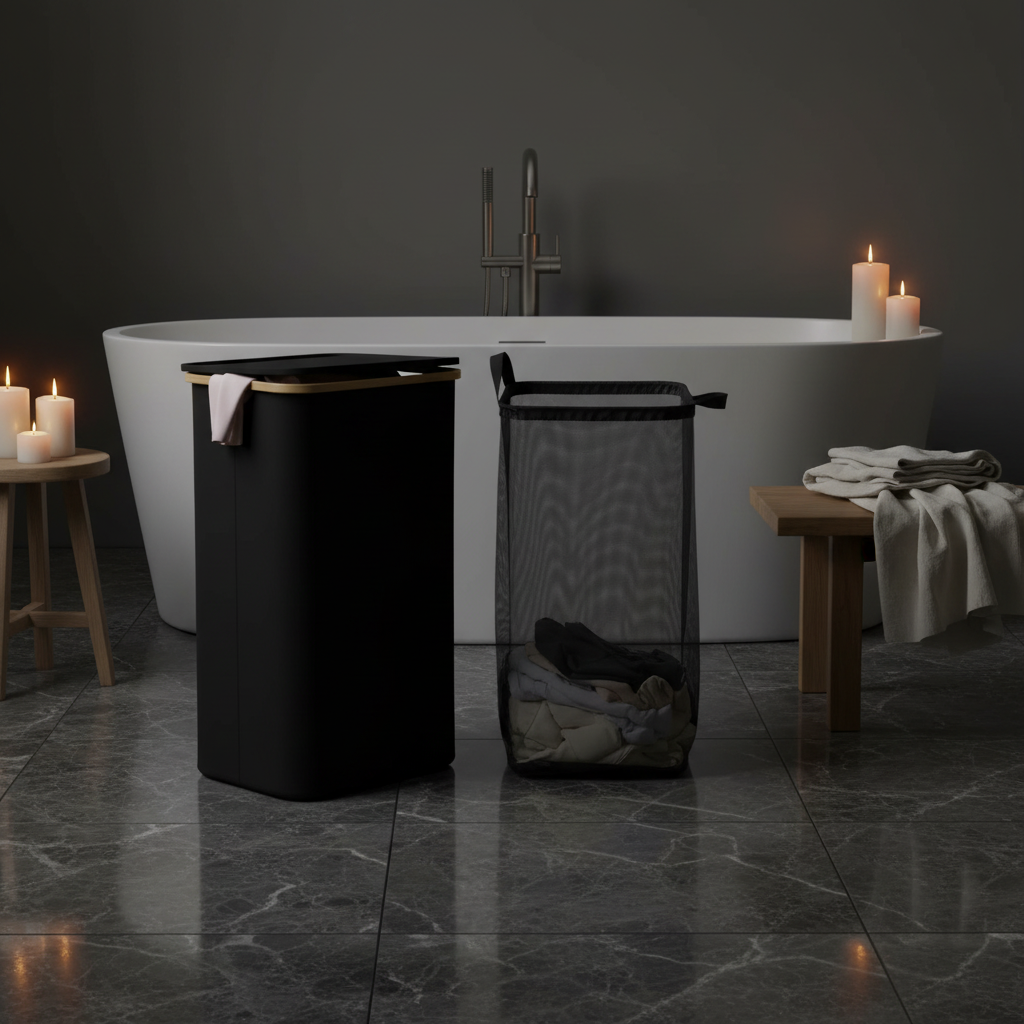 Svart korg – lyxigt badrum med badkar