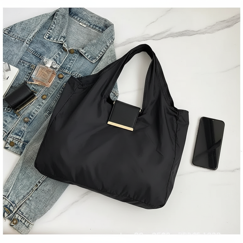 Svart väska elegant flatlay