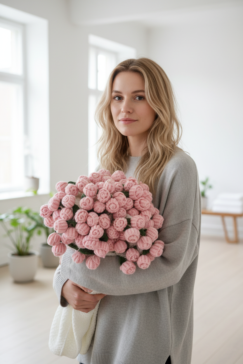 Svensk tjej med virkad rosbukett