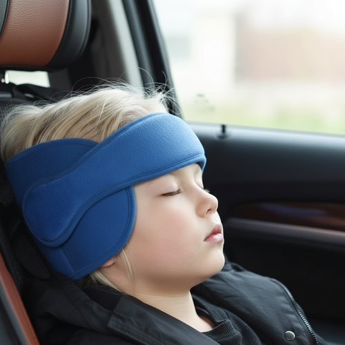 Svenskt barn med blå huvudstödskudde - närbild sidoprofil