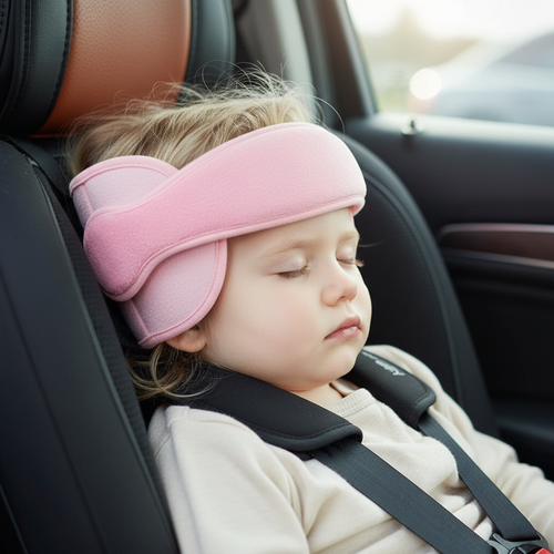 Svenskt barn med rosa huvudstödskudde - trekvarts vinkel